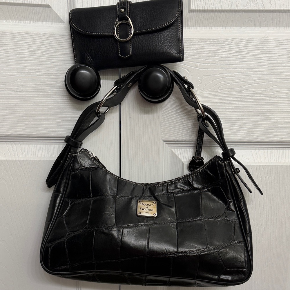 Dooney & Bourke Black Croc-Embossed Shoulder Bag with black wallet.